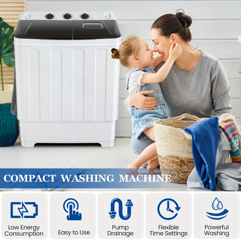 Portable Washing Machine 30Lbs 2 in 1 Compact Twin Tub Washing Machine, 19Lbs Washer And 11Lbs Spin Dryer with Built-In Drain Pump, Durable Design, Time Control, for for Apartments, Dorms, Rvs
