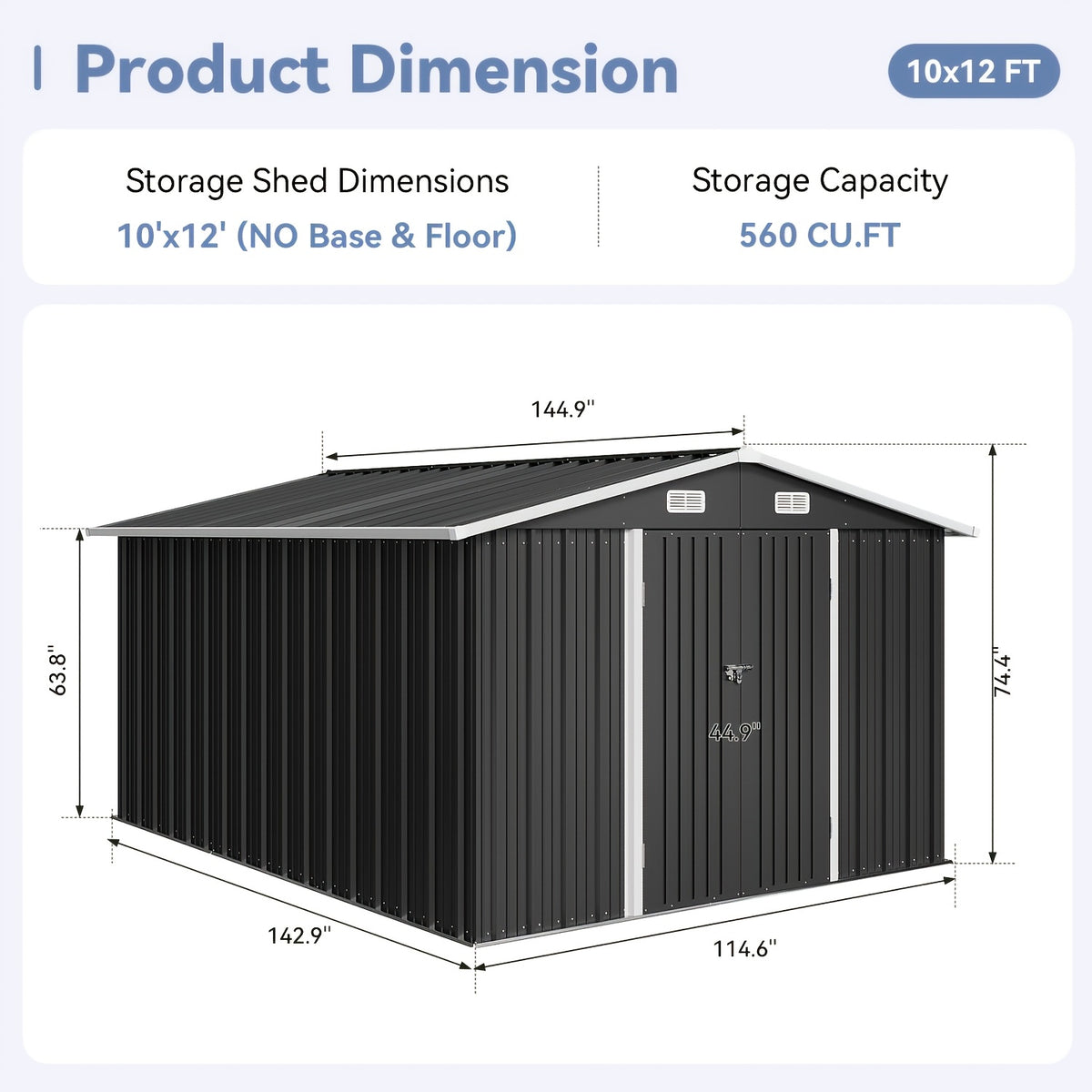 6X4/8X6/10X8/10X12Ft Gable Roof Metal Storage Shed, Heavy Duty Outdoor Garden Shed with Lockable Doors And Vents, Weather-Resistant Utility Shed for Backyard Tools, Brown/Black