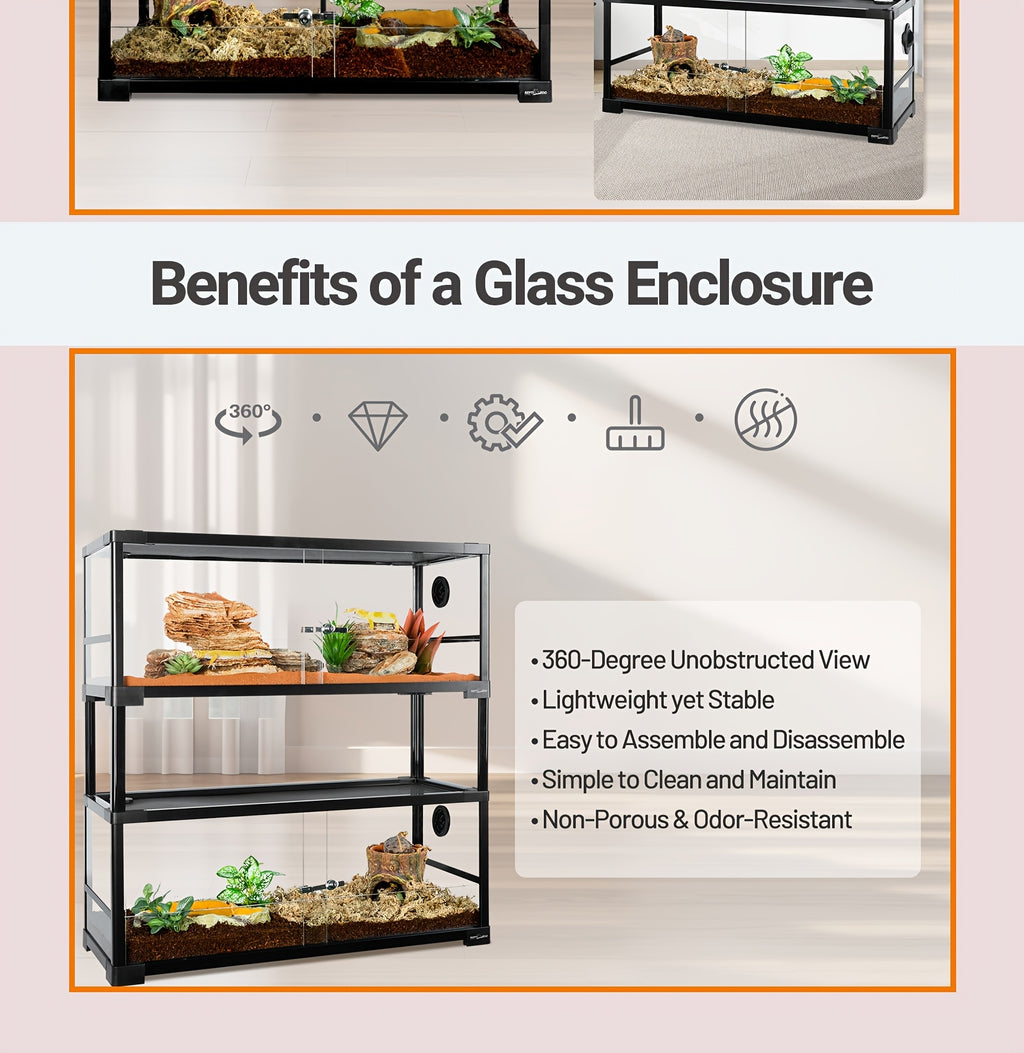 REPTI ZOO Double Stacked Reptile Tank, 30" X 12" X 12" Tall Reptile Terrarium, Front Opening, Full Vision, Knock Down, 2 Pack 20 Gallon Glass Cage for Reptile, Bearded Dragon, Lizard, Gecko