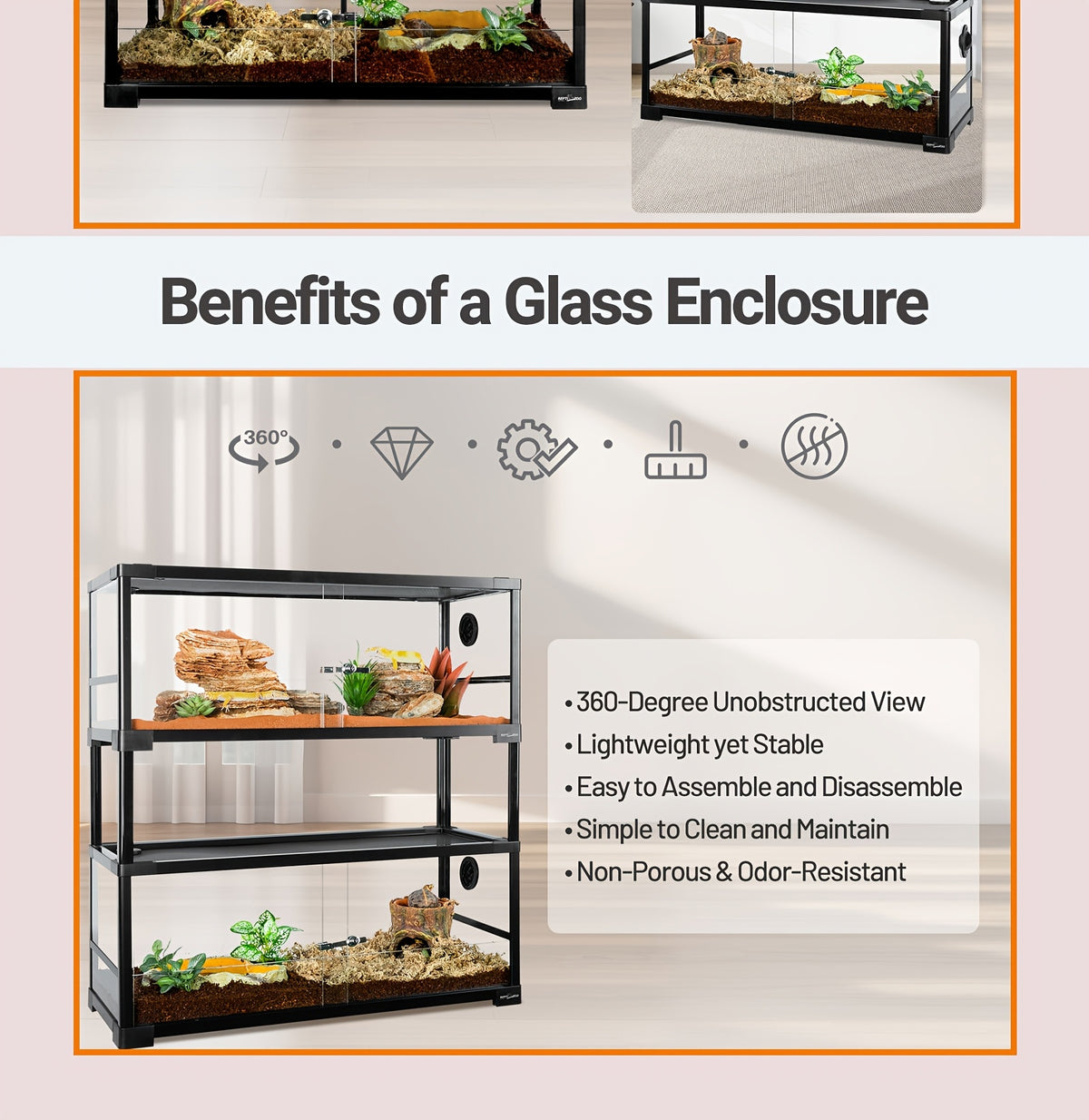 REPTI ZOO Double Stacked Reptile Tank, 30" X 12" X 12" Tall Reptile Terrarium, Front Opening, Full Vision, Knock Down, 2 Pack 20 Gallon Glass Cage for Reptile, Bearded Dragon, Lizard, Gecko