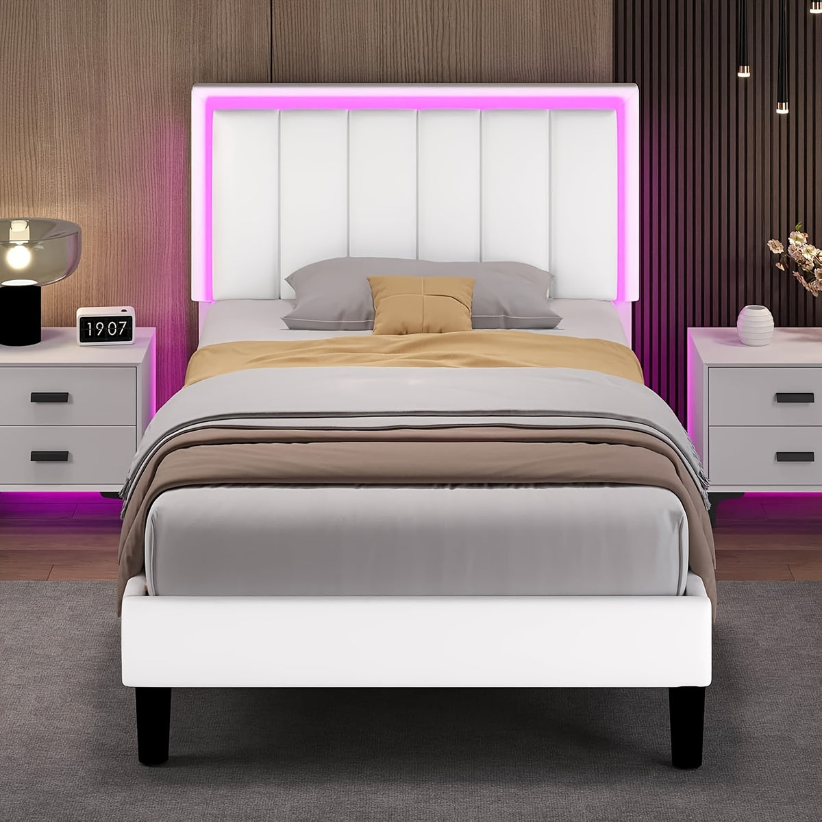 Twin Full Queen Size Bed Frame with LED Lights, Upholstered Queen Size Bed Frame with Headboard And Footboard, Heavy Duty Wood And Metal Slats Support, Noise-Free, No Box Spring Needed, Queen Bed Easy Assembly, Black, White, Pink