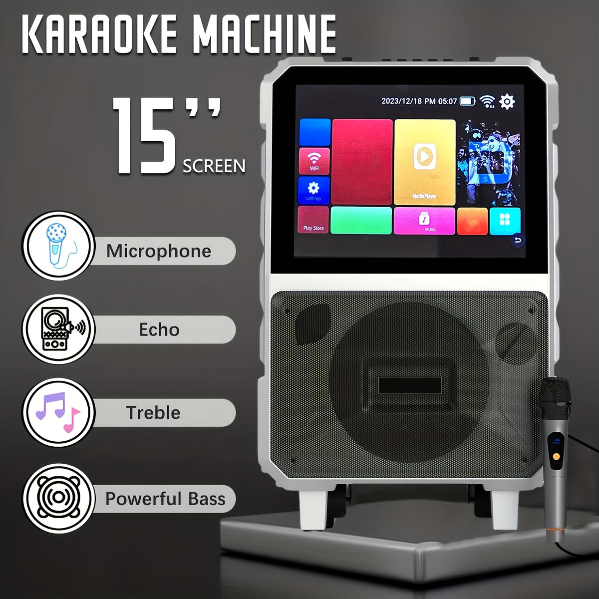 [Portable Party Speaker] Black/Silvery 3000W Karaoke Machine, 8'' Woofer Large Wireless Karaoke Speaker, Portable Party Speaker With Wireless Mics & Bass/Treble/Echo Adjustment, TWS/USB/TF/SD/FM/DJ, 5400Mah Large Capacity Battery