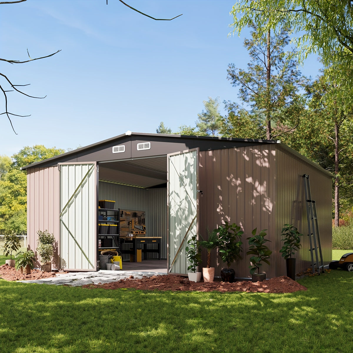ULSMVOC 12X20X9.3/10X12/6X4 FT Metal Storage Shed - Outdoor Garden Shed Kit, Lockable Tool Shed, Backyard Shed with Double Hinged Doors, 4 Windows, Carport for Car, Truck, Bike And Lawn Mower & Equipment, Brown