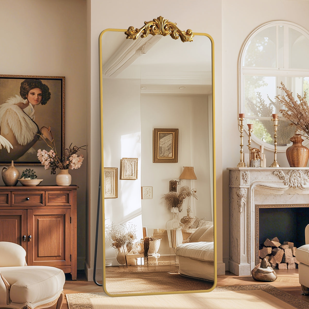 A Freestanding Full-Length Mirror Measuring 65 Inches by 24 Inches, Featuring a Carved Metal Frame, Suitable for Use in The Living Room. It Can Be Mounted Standing, Hanging, Or Leaning, And Boasts a Luxurious Design