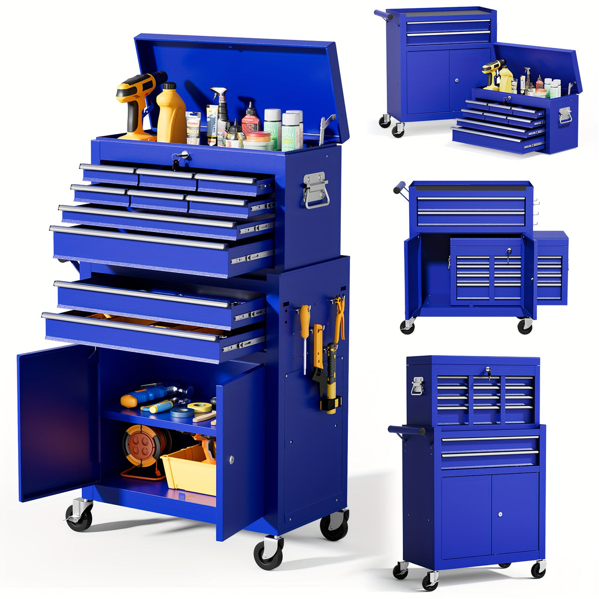 10-Drawer Rolling Tool Chest On Wheels, 2-in-1 Lockable Tool Chest with Drawers, Removable Top Cabinet And Storage Cart, Steel Tool Cart with Lining And Hooks