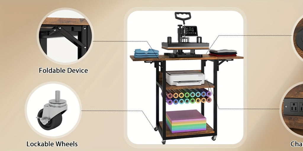Foldable Heat Press Table, 3 Tier Movable Heat Press Stand With Vinyl Roll Holder, Heavy Duty Metal Shelf Cart For DIY Sublimation Transfer Machine And Printer, Brown