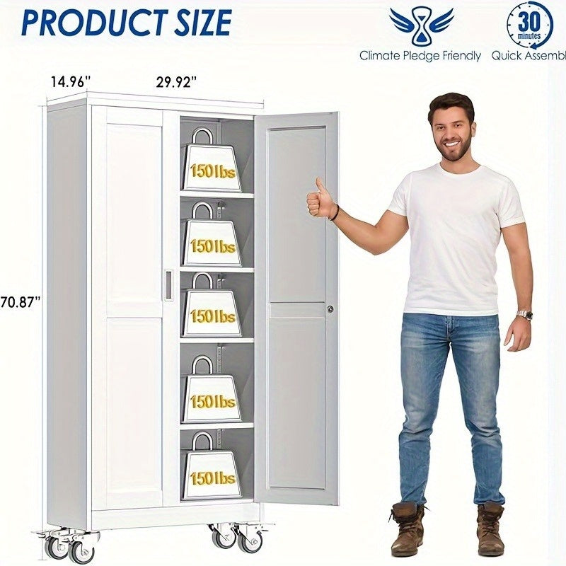 61/71/75 Inch High Wheeled Metal Storage Cabinet with 2 Doors And Adjustable Partitions, Metal Filing Cabinet, Suitable for Home Offices, Kitchens, Warehouses, And Garages