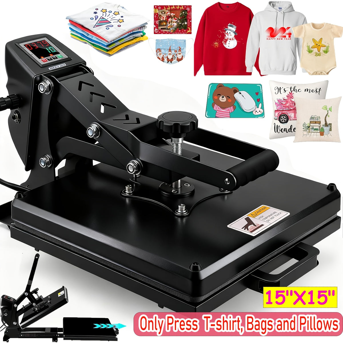 HOMDOX 15"x15" - 11pcs(8 In 1) / 8pcs(5 In 1) Heat Press Set With 30OZ Tumbler Press, Slide Out 360° Swing Away For T-Shirt/Cloth Bags/Tumbler/Mug/Hat/Plate - 15"x15" Slide Out T-shirt Heat Press Machine Can Only Press T-Shirt/Pillows/Cloth Bags