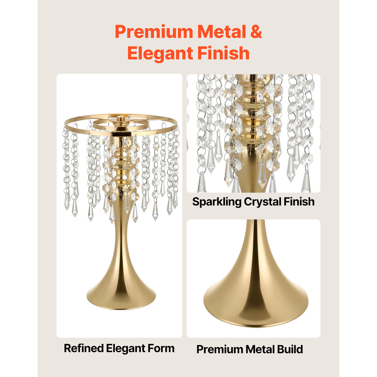VEVOR 20 PCS Wedding Flower Vase, 13.4 in Tall Flower Table Centerpieces, Crystal Banquet Vases Easy Installation, Electroplated Finish, Versatile Arrangement Stand for Party Events Home Decor, Gold