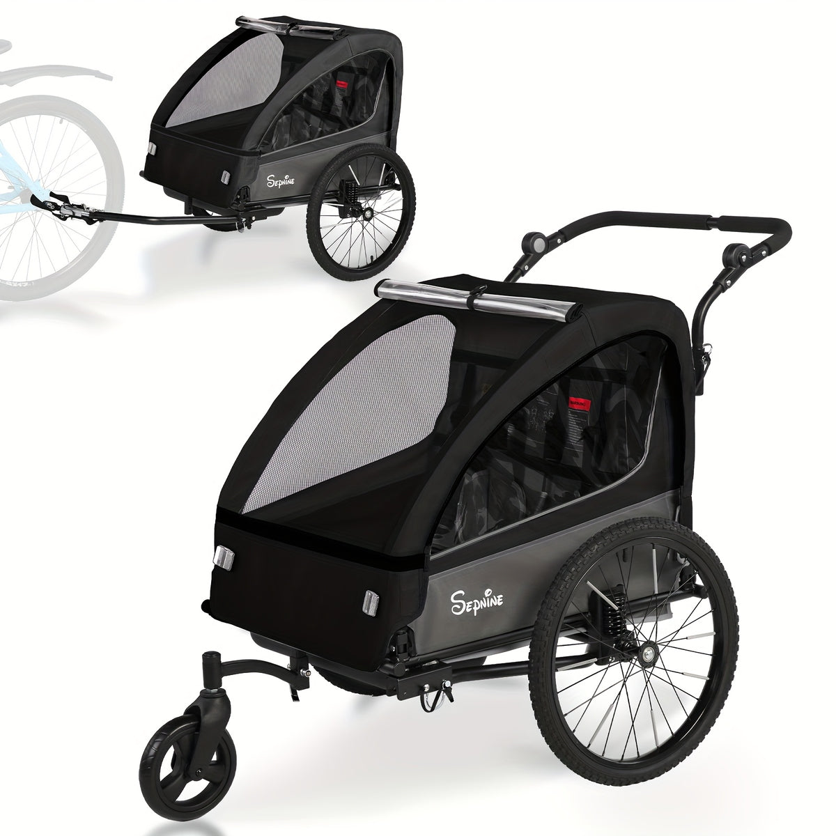 2in 1 Kids Bike Trailer And Stroller with Suspension Bike Trailer for 1 to 2 Children, Jogging Function, Foldable, 5-Point Harness, Spacious Storage, with Bug Screen And Weather Shield