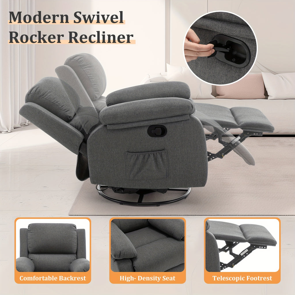 Recliner Chair, 360-Degree Swivel Rocking Chair for Adults, Small Space Rocking Recliner, Upholstered Fabric Recliner with Side Pockets for Living Room, Mother'S Day Gifts, Father'S Day Gifts, Gifts for The Elderly