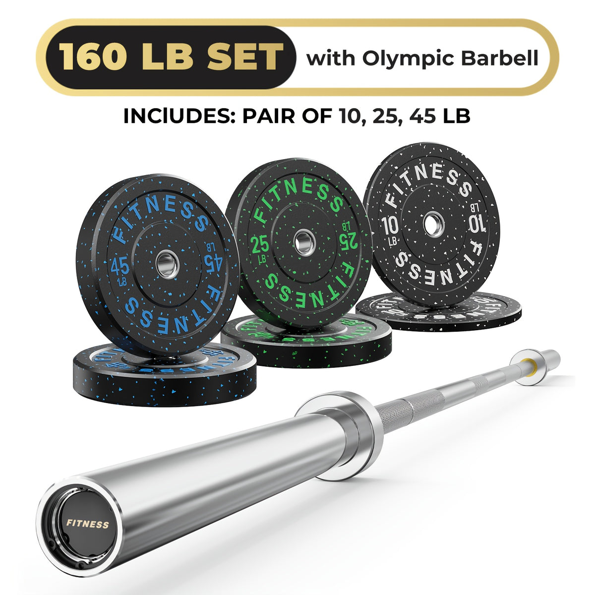 Rubber Bumper Plates with 7ft Barbell, 70LB to 410LB Heavy Duty Weight Plates + 2-Inch Barbell Combo, Bumper Plates with Steel Hub, Home Gym Strength Training for Deadlift Squat Bench Press, 1 Barbell Per Set