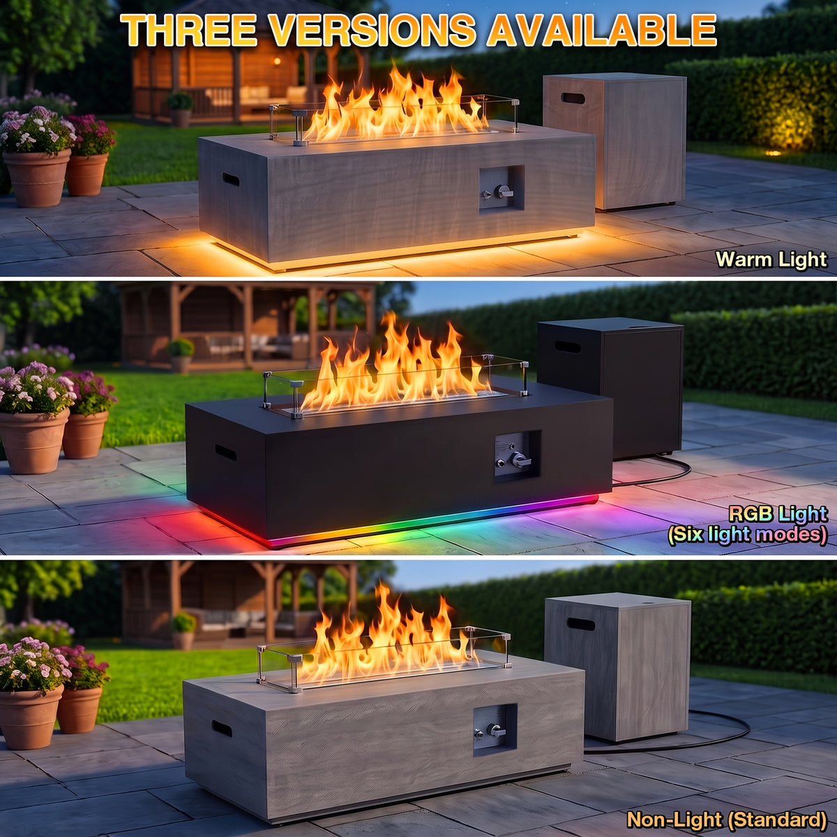 1pc 42 Inch Rectangular Propane Fire Pit Table 50, 000 BTU, Outdoor Gas Firepit With Lid, Blue Fire Glass & Glass Wind Guard, RGB/Warming Light, Includes Rain Cover For Patio, Backyard Deck (Black/Grey/Light Grey)