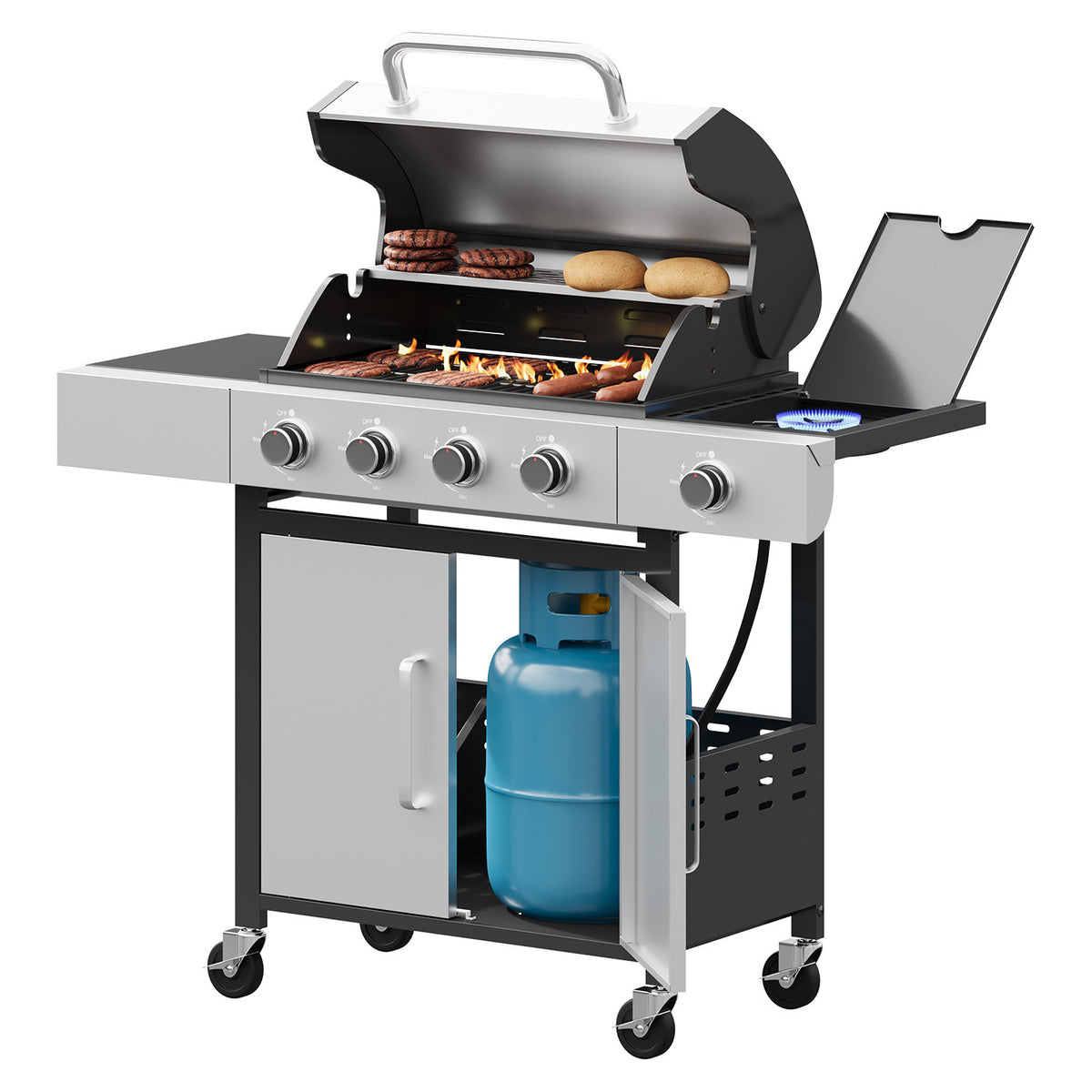Upgraded 44000-49000 BTU 4-1 Burner Propane Gas Grill with Side Burner, Top thermometer, Outdoor BBQ Grill with Cast Iron Grates & Side Tables, 625 sq.in. Large Grilling Space for Summer Parties, Ideal for Backyard Patio & Camping, Black