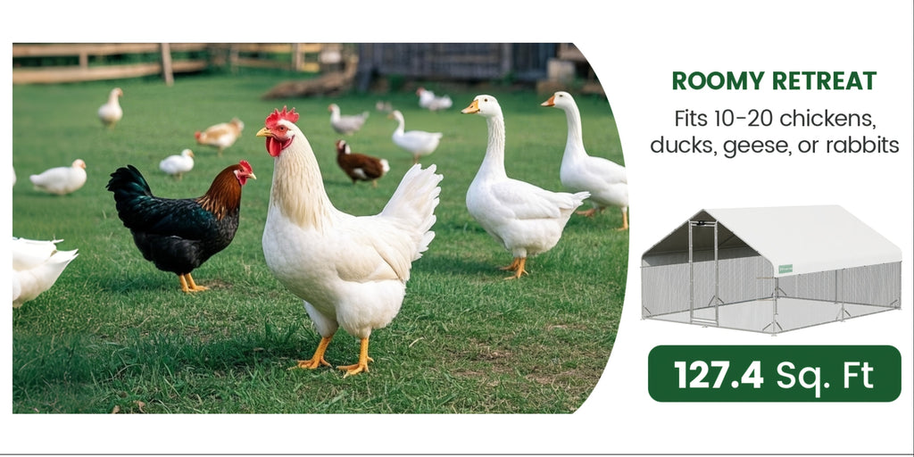 Large Walk-in Metal Chicken Coop with Chicken Run & Hardware Cloth, Solar Light, UV-Resistant Cover, Outdoor Poultry Cage for Farm Use