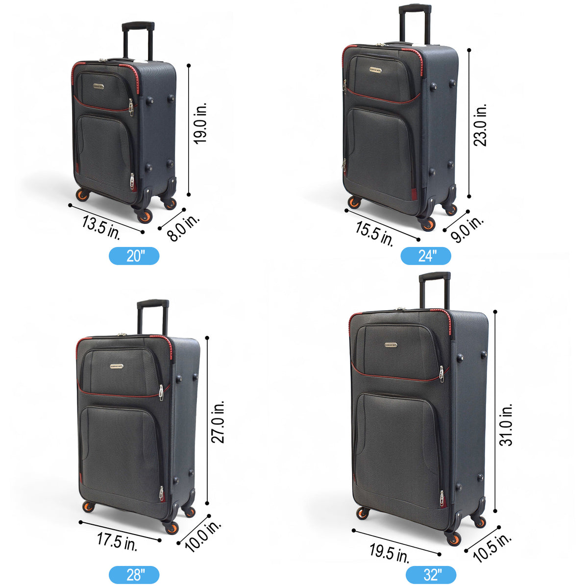 4-Piece Softside Spinner Suitcase Set – Lightweight Expandable Luggage with 360° Wheels, Telescopic Handles, & Multi-Pocket Design – Black, Burgundy, Navy
