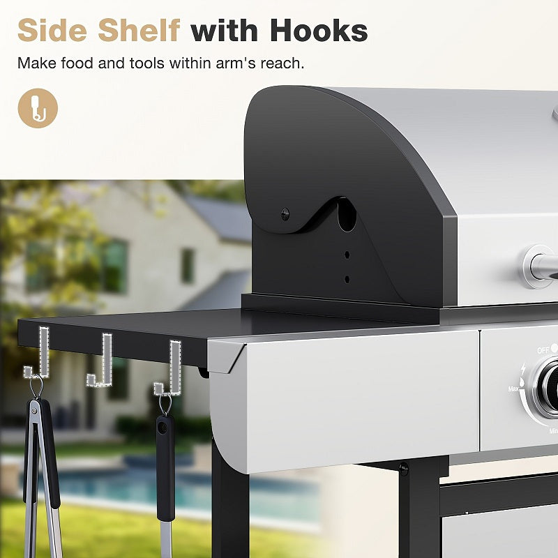 Upgraded 44000-49000 BTU 4-1 Burner Propane Gas Grill with Side Burner, Top thermometer, Outdoor BBQ Grill with Cast Iron Grates & Side Tables, 625 sq.in. Large Grilling Space for Summer Parties, Ideal for Backyard Patio & Camping, Black