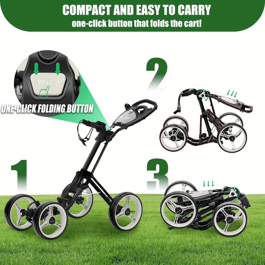 XDriveMax 4-Wheel Golf Push Pull Cart Foldable, One-Click Folding. Designed For Golf Clubs And Bags, Enhanced Storage