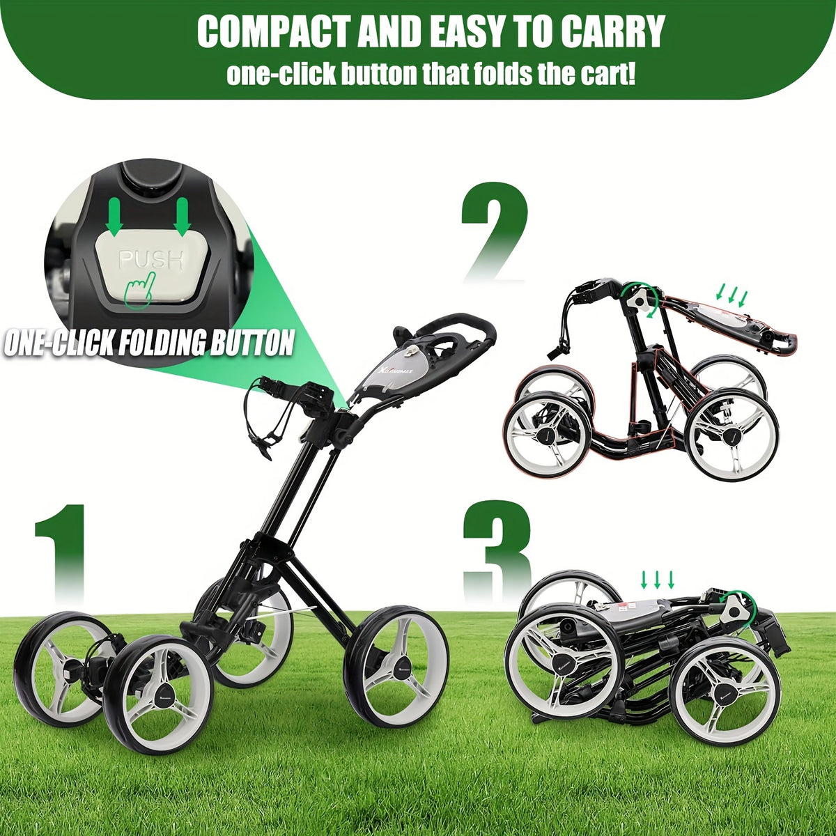 XDriveMax 4-Wheel Golf Push Pull Cart Foldable, One-Click Folding. Designed For Golf Clubs And Bags, Enhanced Storage