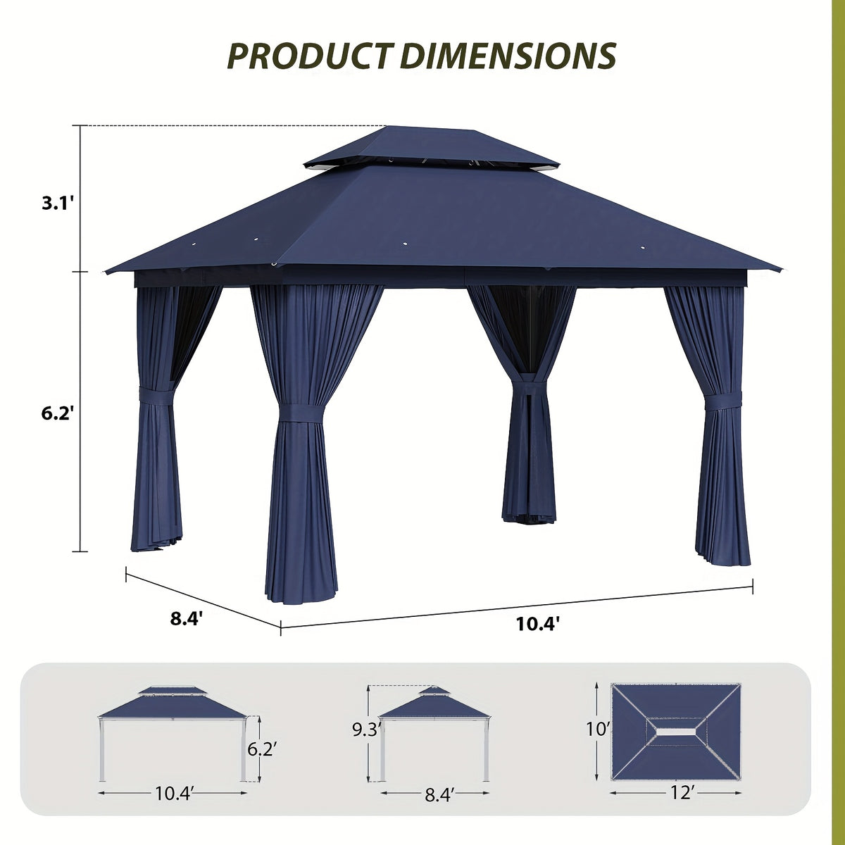 10'X12' Outdoor Double Ventilated Gazebo & Pergola On, Heavy Metal Frame Double Roof, Party Tent with Mosquito Net And Privacy Screen, Suitable for Backyard, Lawn, Garden, Deck (Grey/Beige/Blue 10'X12'/10'X10/8'X8')