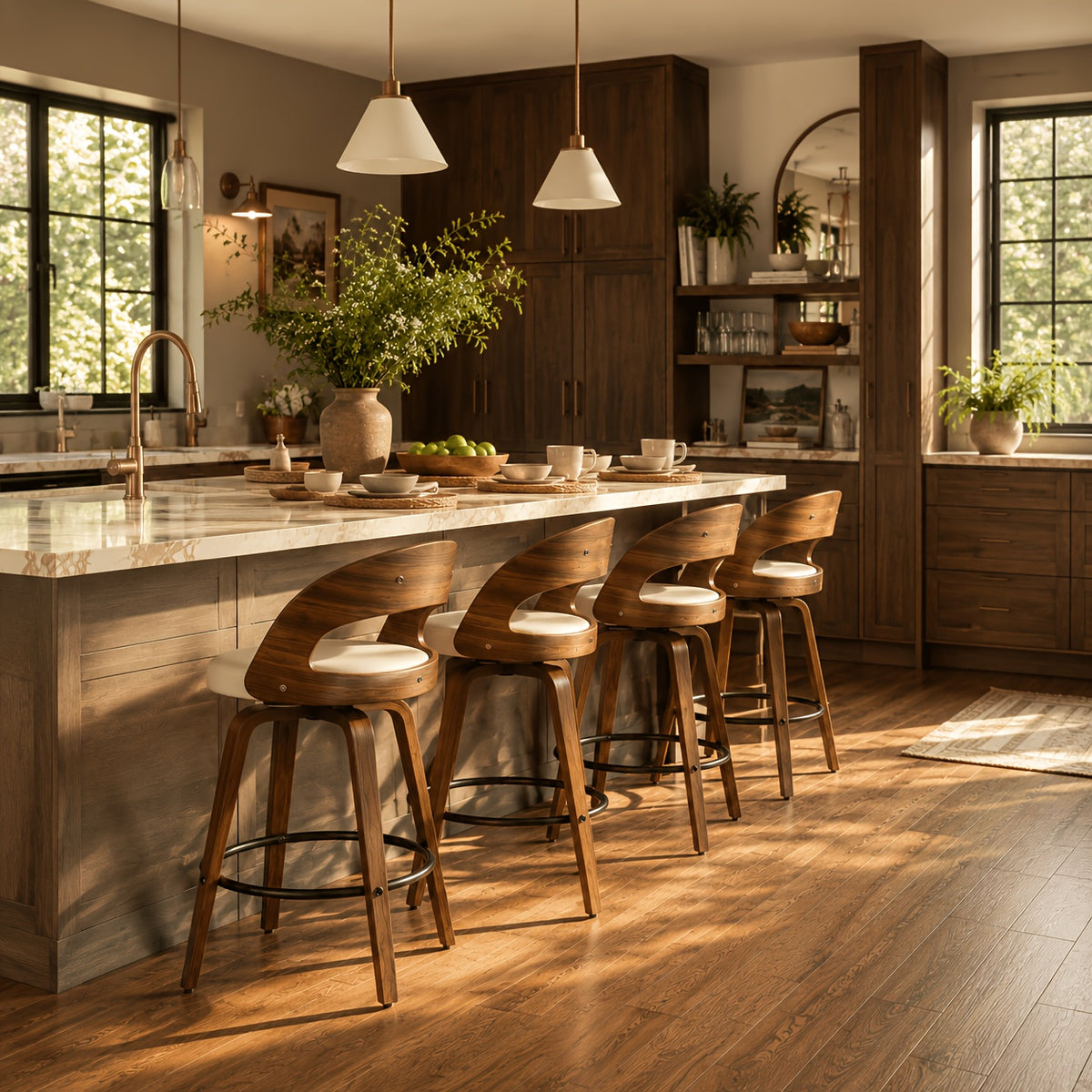 3/4pcs Modern Upholstered Bar Chair Set, 26" Counter-Height Stools With Thick Soft Cushion, Ergonomic Back Support, Solid Wood Legs & Footrest For Kitchen Island