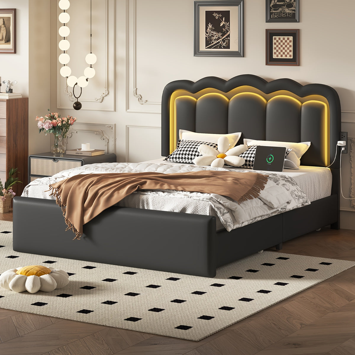 Upholstered Platform Bed Frame with 4 Storage Drawers & Adjustable Headboard, Full/Queen Size Bed Frame with LED Lights & Charging Station, Strong Metal Slats Support, No Box Spring Needed, Easy Assembly, Black/White