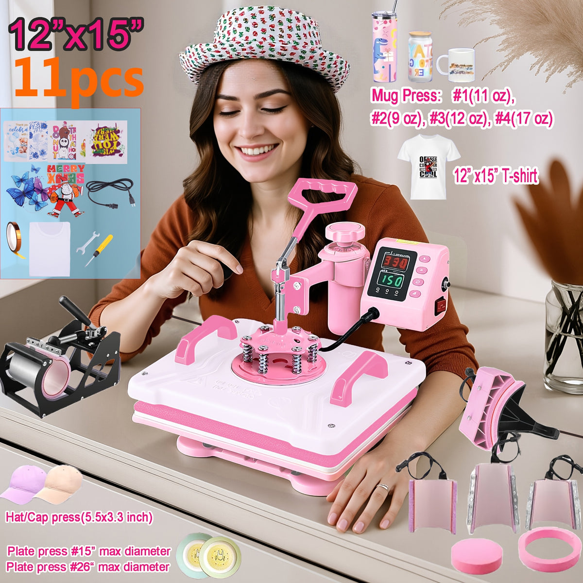 11pcs 8-in-1 - 15"x15"/12"x15" Heat Press Set for T-Shirts, Bags, Pillows, Hats, Beanies, Roller - 12"x10" T-Shirt Machine(Weight 25.35 Lbs) & 15"x15" Auto Single-Workbench & 15"x15" Auto Dual-Workbench Heat Press Only for Cloth, Shirts, Canvas Bags