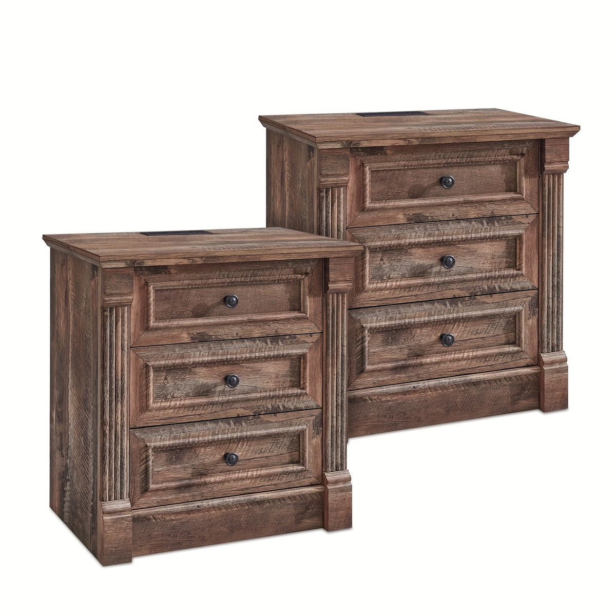 26 Inch High Farmhouse Bedside Table Set of 2, 3 Drawer Side Table with Charging Station, 23.6 Inch Wide Side Table with Roman Posts, Wooden Country Style Bedside Table for Bedroom, Living Room