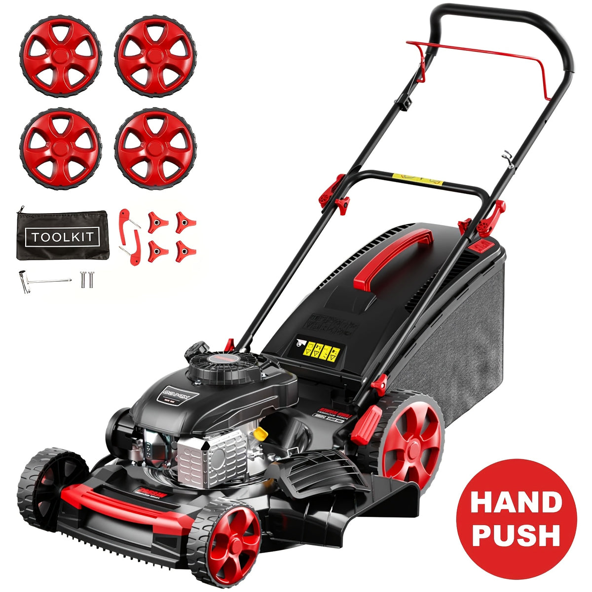 22 Inch 201cc 4-Cycle Engine 3-Position Cutting Height Adjustment 3-in-1 Gas Walk Behind Lawn Mower, 65L Grass Catcher, An Installation Kit And Four Wheels Are Included 3200RPM, 14 Gal Grass Bin