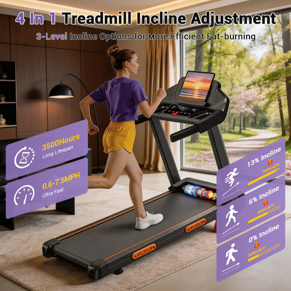 4 IN 1 Treadmills for Home with 13% Incline, 3.0HP Quiet Foldable Treadmill with Handle Bar Up to 330lbs Capacity.