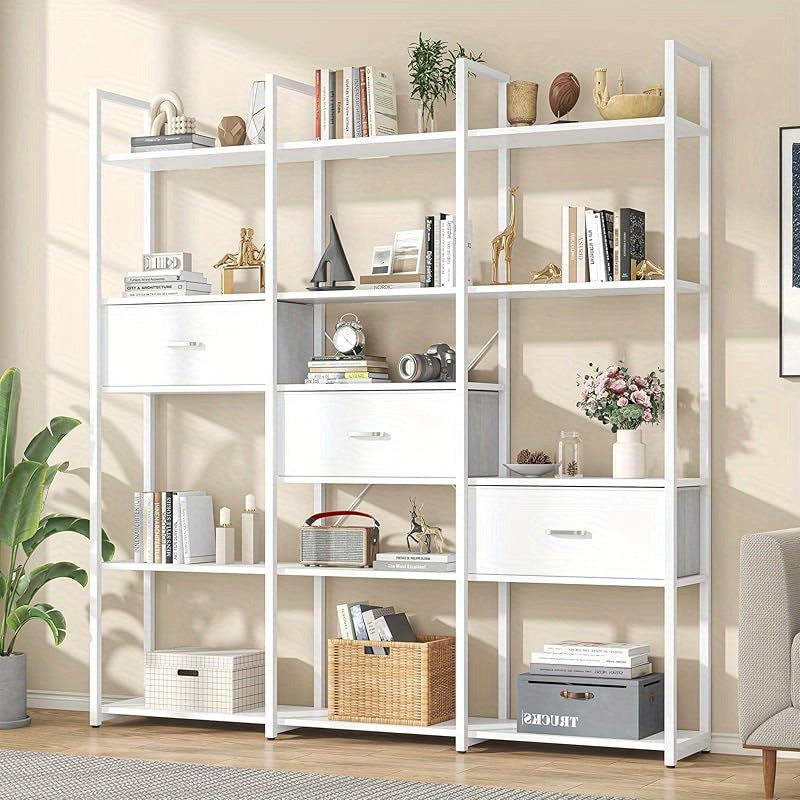 A 73.6-Inch Tall Bookshelf Featuring Three Drawers And Sixteen Storage Shelves, This Industrial Bookcase Includes Sixteen Open Display Shelves, Making It a Spacious Etagere Bookshelf, Perfect for Home And Office Use, in White