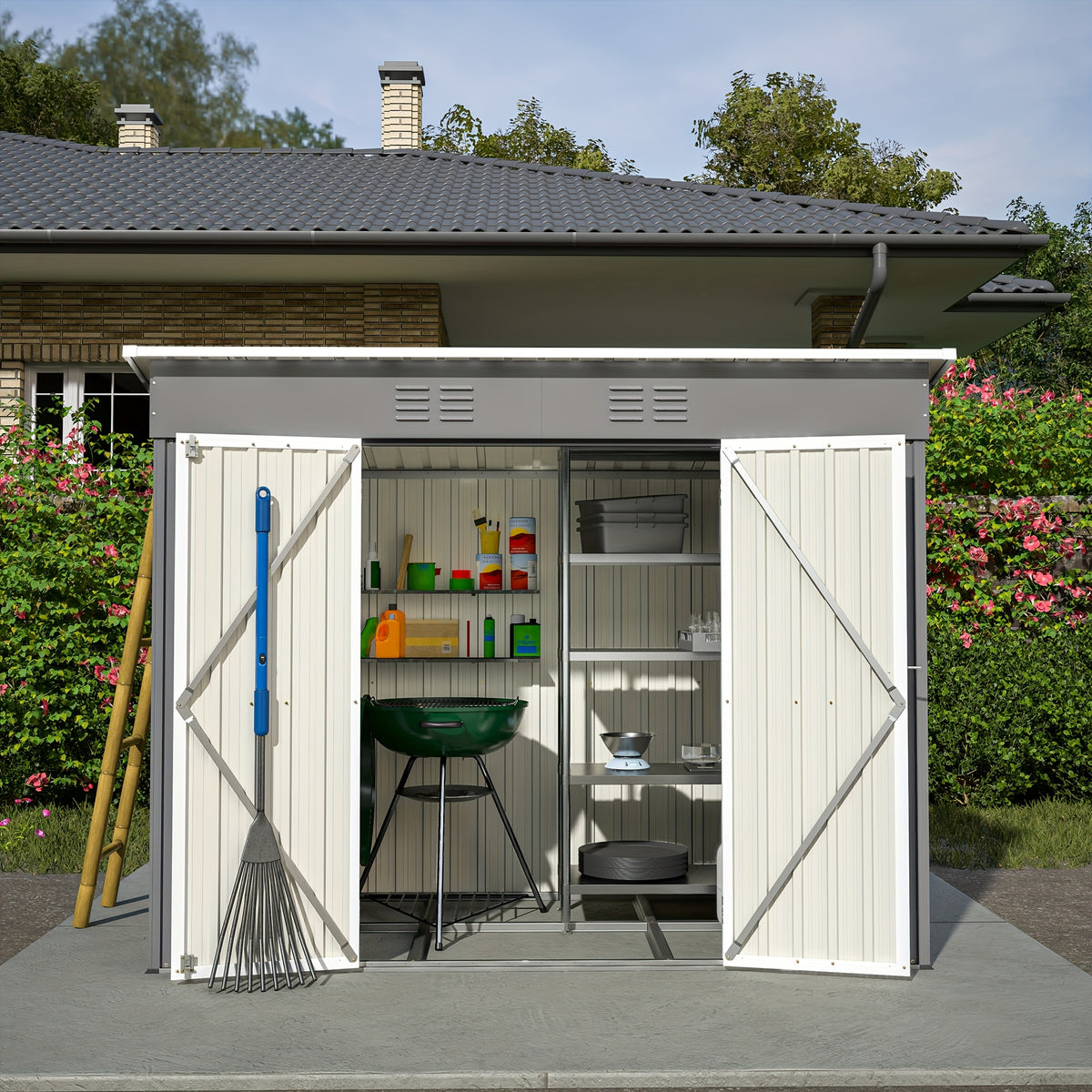 Outdoor Metal Storage Shed, 8' x 4' Gray Backyard Organizer with Lockable Door and Floor Frame