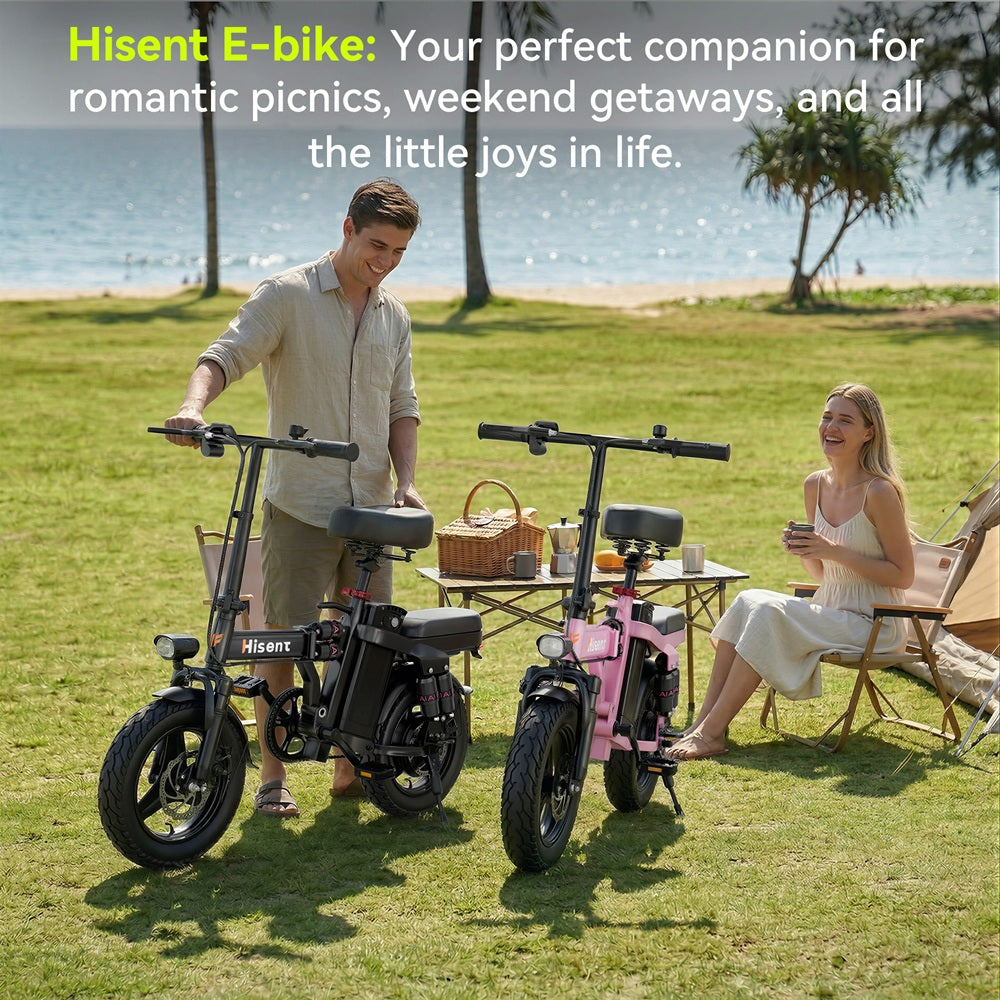 Hisent Folding Electric Scooter, 500W Brushless Motor, Speed 19.9mph, Dual Suspension System, Full Shock Absorption, 48V 10AH-17.5AH Battery(optional), 15-35 Miles Range, 14-inch High-quality Tires, With Double Seats