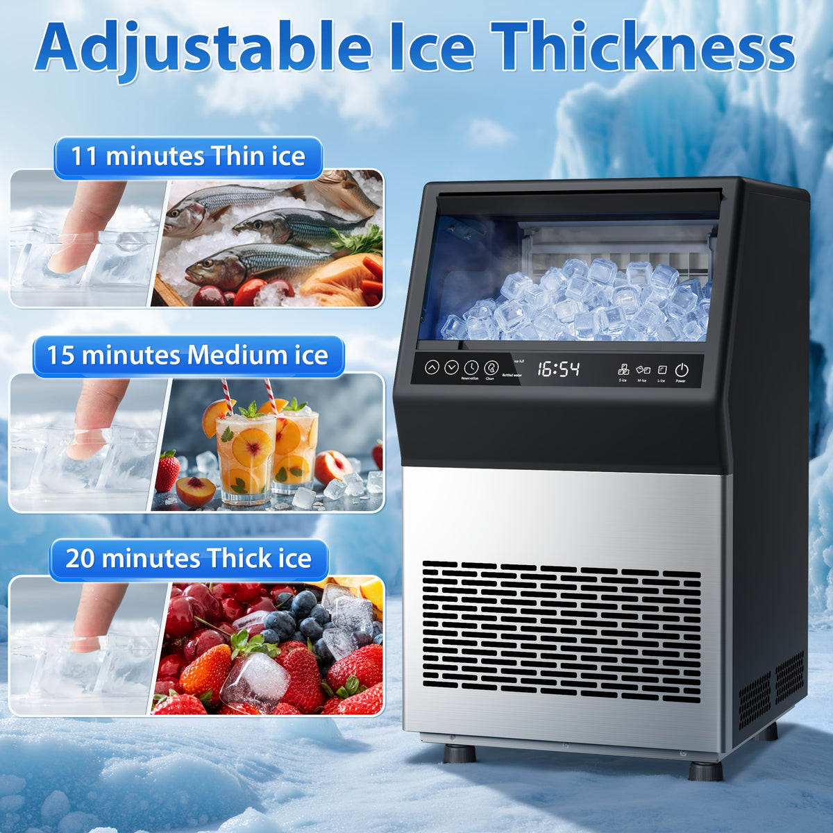 Commercial Ice Maker 110Lbs/24H Under Counter Ice Machine with 16Lbs Storage Bin, 45 Ice Cubes in 11Min, Stainless Steel Freestanding Ice Making Machine for Business