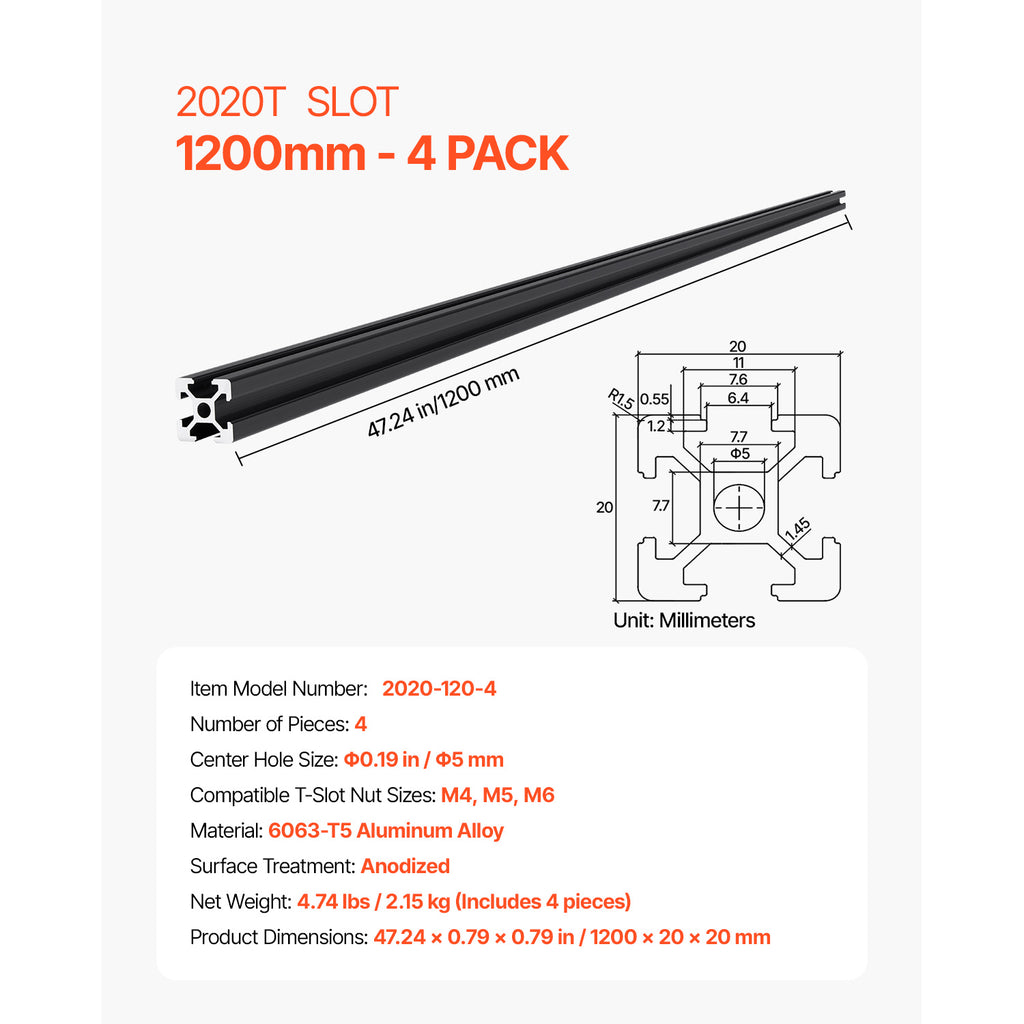 VEVOR T Slot 2020 Aluminum Extrusion Anodized Linear Rail, High-Strength Extruded Aluminum Rail for 3D Printer, CNC Machine DIY, Laser Engraving, 1000/1200/1500/2000mm