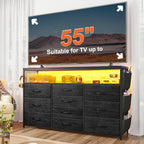 Dresser TV Stand With 10 Drawers For 55" TV Stand For Bedroom With LED Lights & Power Outlets Wide Dresser For Bedroom With Shelves & Side Pockets Sturdy Metal Frame & Wood Top, Charcoal Black