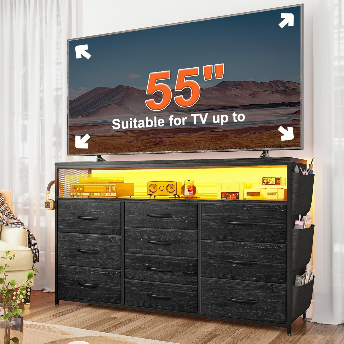 Dresser TV Stand With 10 Drawers For 55" TV Stand For Bedroom With LED Lights & Power Outlets Wide Dresser For Bedroom With Shelves & Side Pockets Sturdy Metal Frame & Wood Top, Charcoal Black