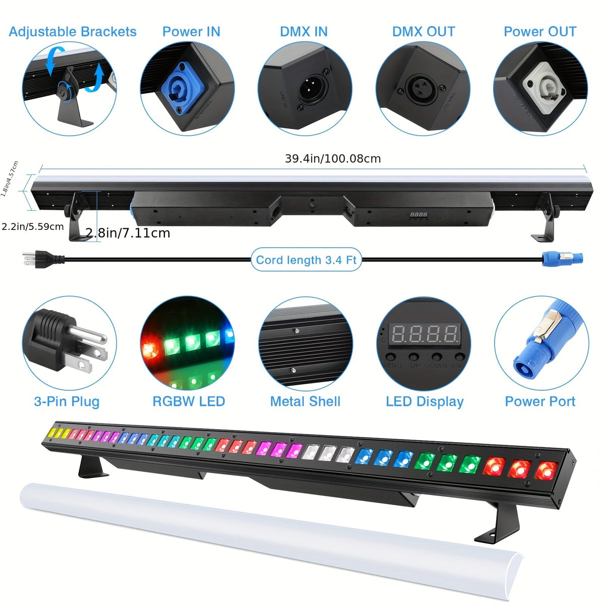 Stage Wash Light Bar – 120W RGBW Pixel Fixture for DMX-Controlled Event Washes, Beam Effects and Chases