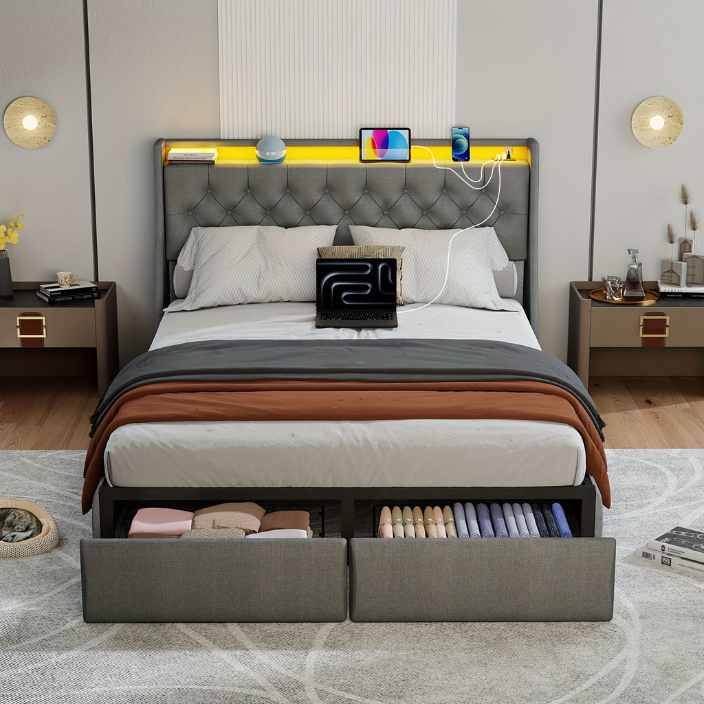 Queen Bed Frame with 2 Storage Drawers And Luxury Wingback Upholstered Button Tufted Storage Headboard, Charging Station, Storage Headboard And LED Lights/Noise-Free/Grey