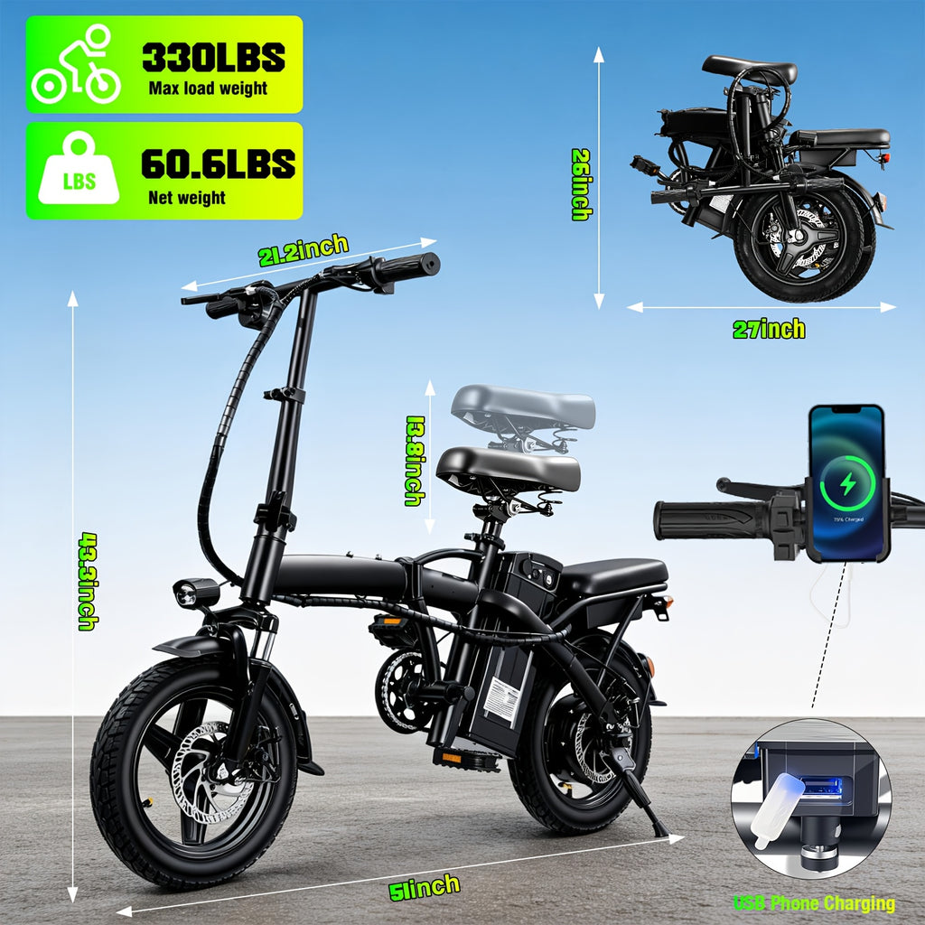 14 Inch Folding Electric Bike for Adults And Teens, 560W Peak Motor, Removable 48V 10.4AH Battery, 12-24 MPH Top Speed, 32 Miles Assist Range, 330 LBS Max Load, Ideal for Urban Commuting & Recreational Riding, Perfect Gift Choice