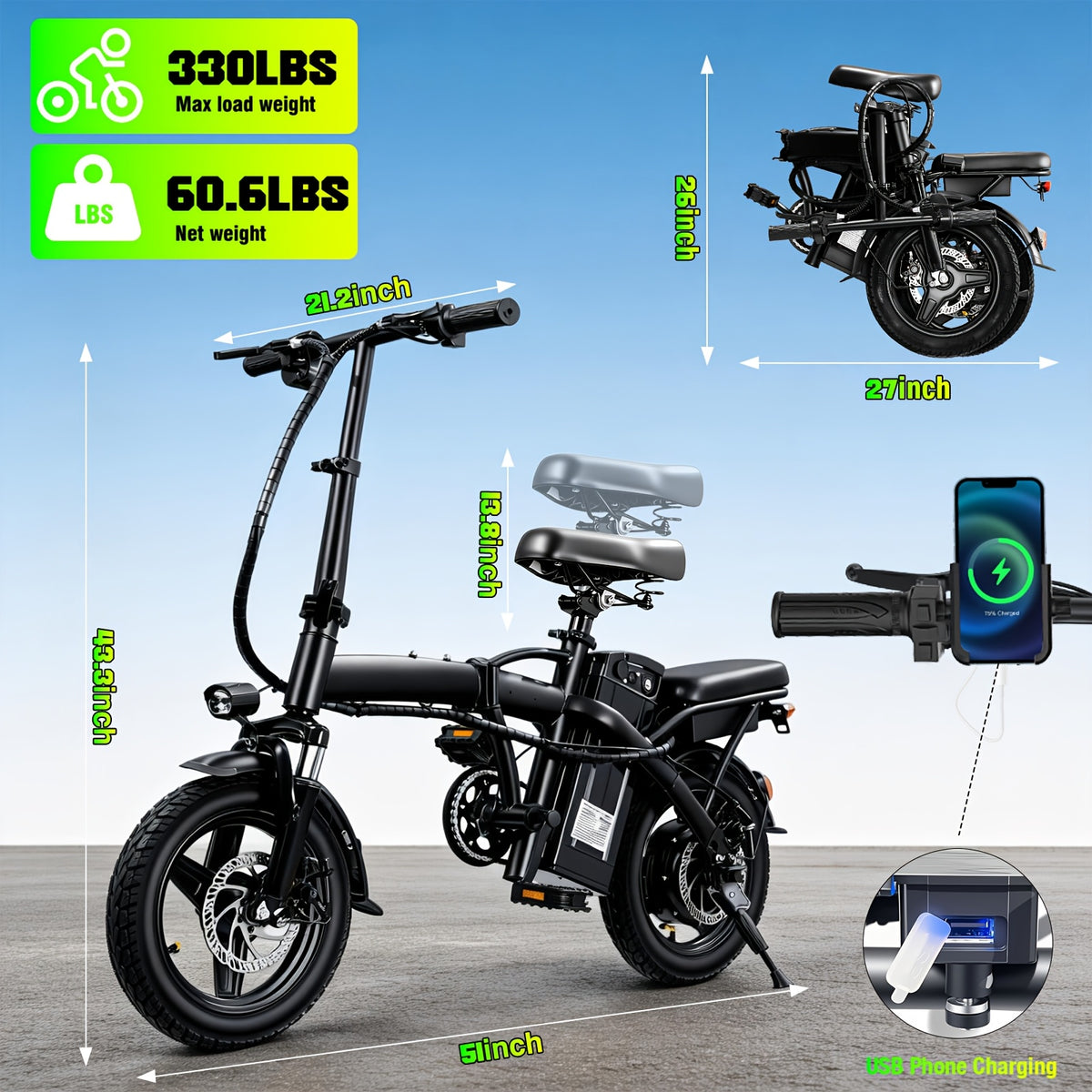 14 Inch Folding Electric Bike for Adults And Teens, 560W Peak Motor, Removable 48V 10.4AH Battery, 12-24 MPH Top Speed, 32 Miles Assist Range, 330 LBS Max Load, Ideal for Urban Commuting & Recreational Riding, Perfect Gift Choice