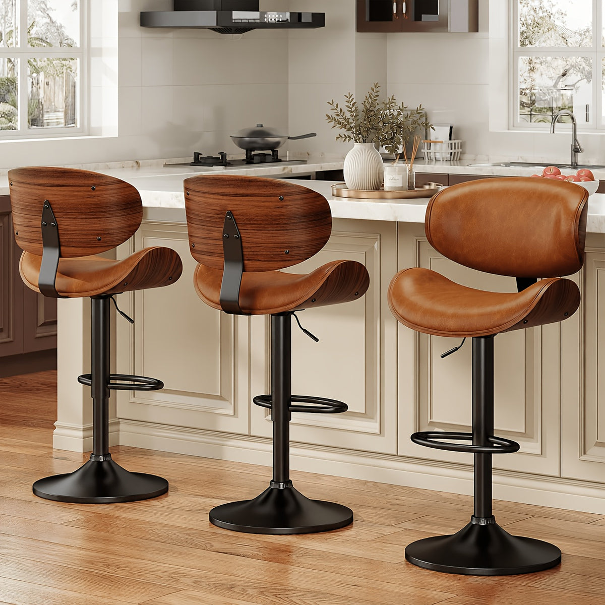 3pcs Modern Faux Leather Upholstered Bar Stools, 360° Swivel Adjustable Height with Backrests, Metal Tall Bar Stools Counter Height for Kitchen Island, Hydraulic Island Barstools