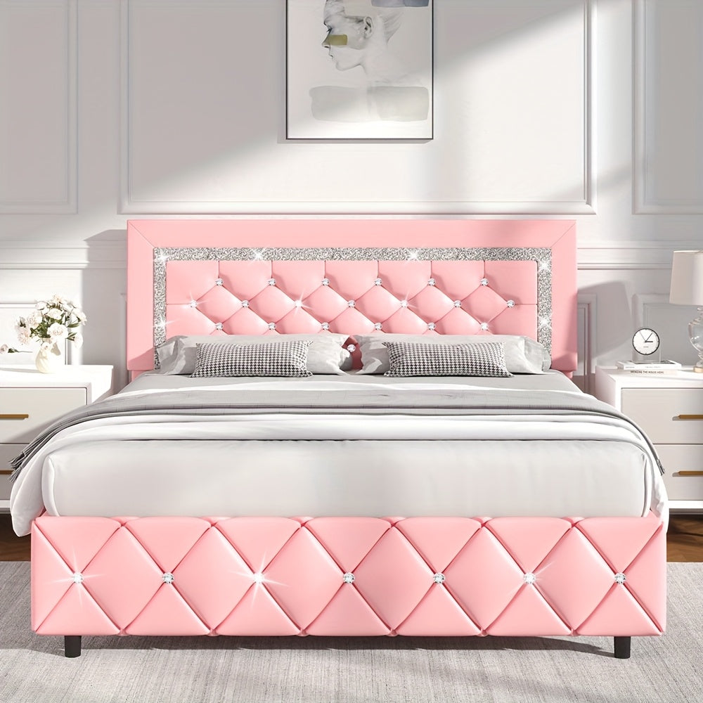 HOMBCK Twin Full Queen King Bed Frame, Padded Platform Bed with Button Tufting Headboard, Princess Platform Bed with Diamond Design, Halloween Decoration, Wooden Strip Support, No Spring Box Needed, Easy to Assemble, Pink/White/Black/Beige