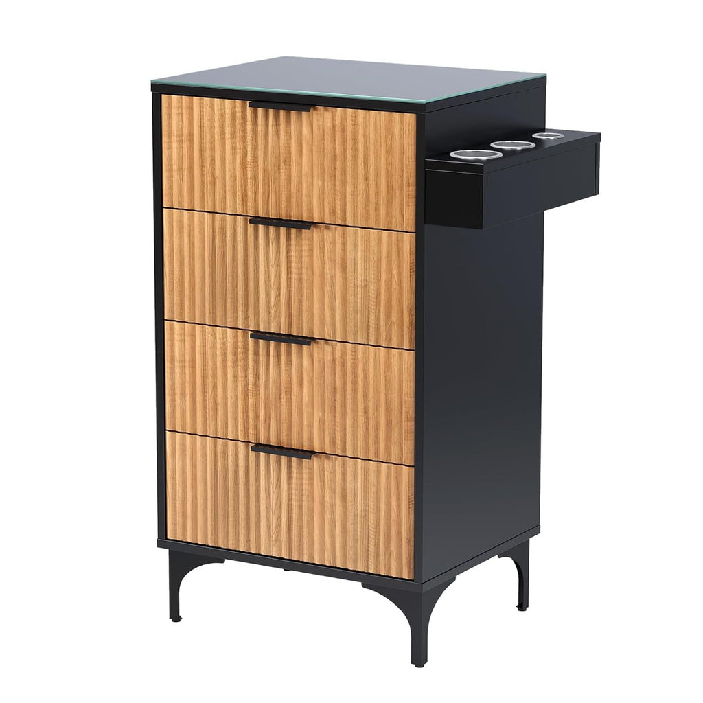 Salon Station, Barber Station for Hair Stylist, Storage Cabinet with Glass Top & Drawers & Heat Resistant Dryer Holders, Modern Retro Style for Beauty Salon, White/ Black