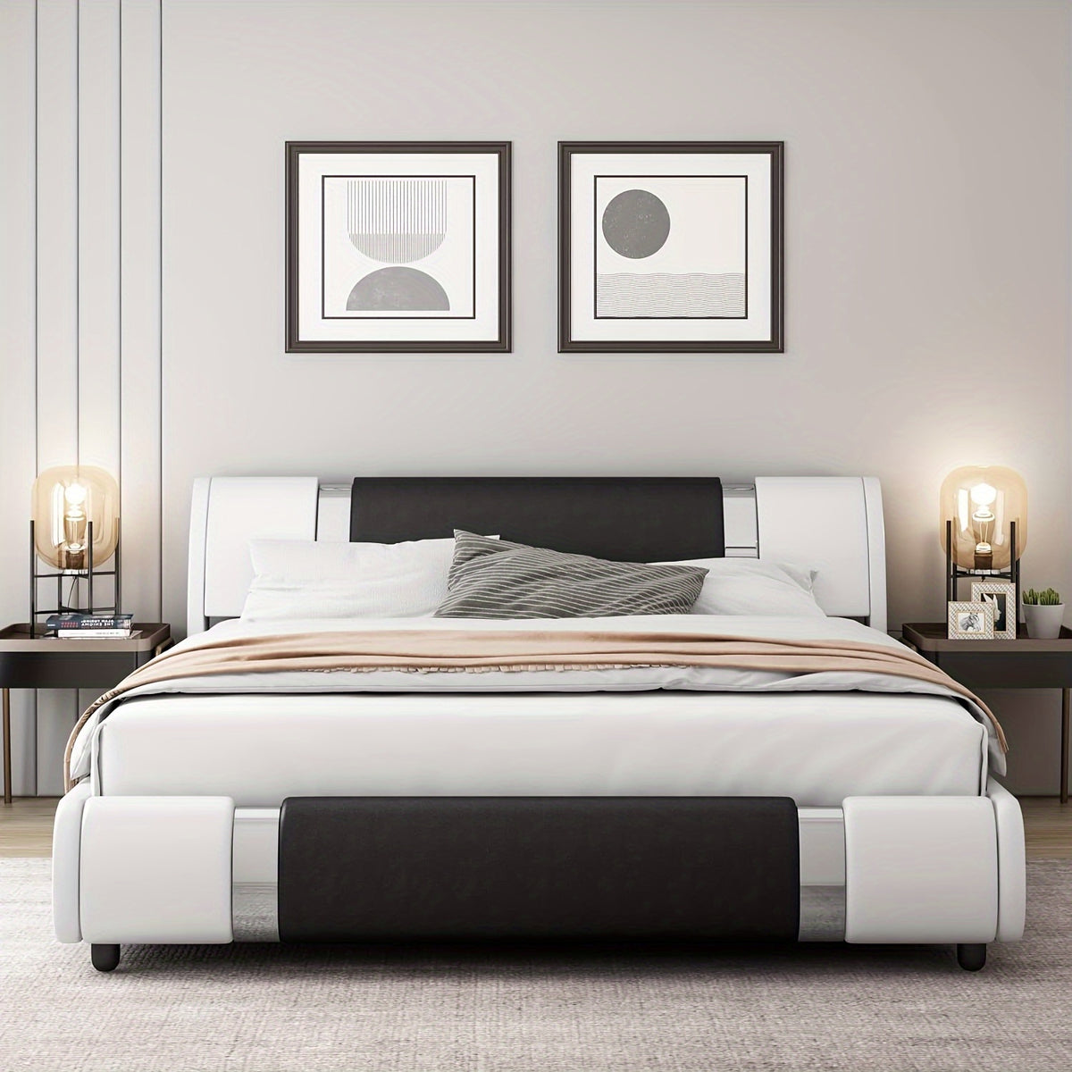 Contemporary Platform Bed Frame Made of Faux Leather, Featuring Iron Metal Accents, an Adjustable Headboard, And Wooden Slats for Support, Eliminating The Need for a Box Spring