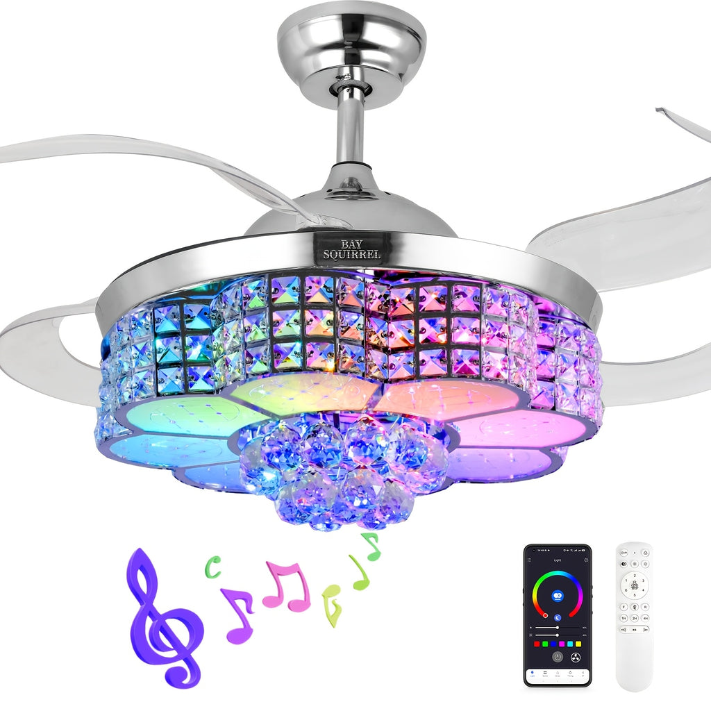 42-Inch Crystal Decoration with RGB Ceiling Fan And Light, Supports Infinite Dimming And Light Memory. with Speakers, 6 Speeds Reversible Blades, Flush Mount Chandelier Ceiling Fan Remote Control And APP Convenient Control Way