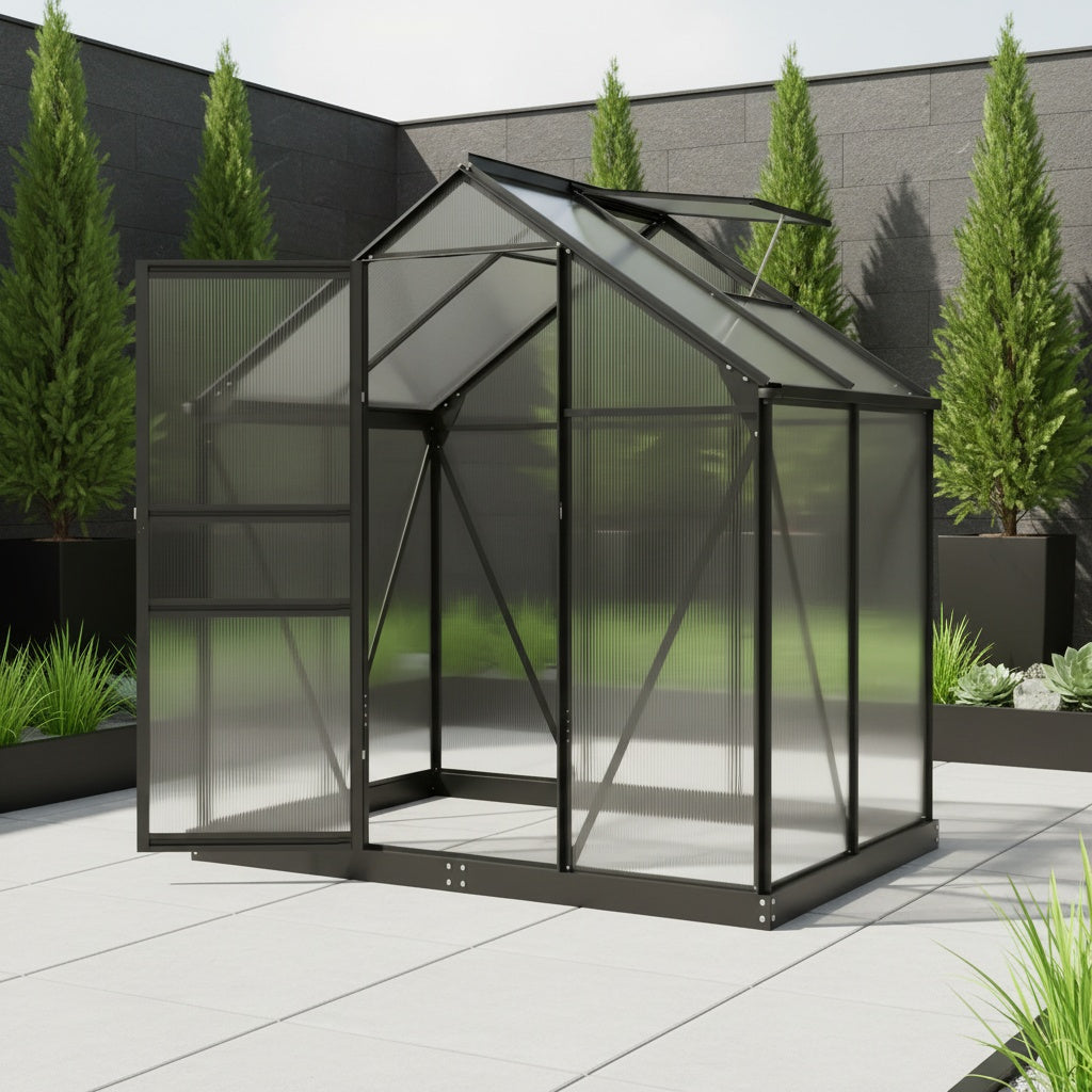 Walk-In Greenhouse with Roof Ventilation, 6 x 4 ft Polycarbonate Garden Structure on an Aluminum Frame