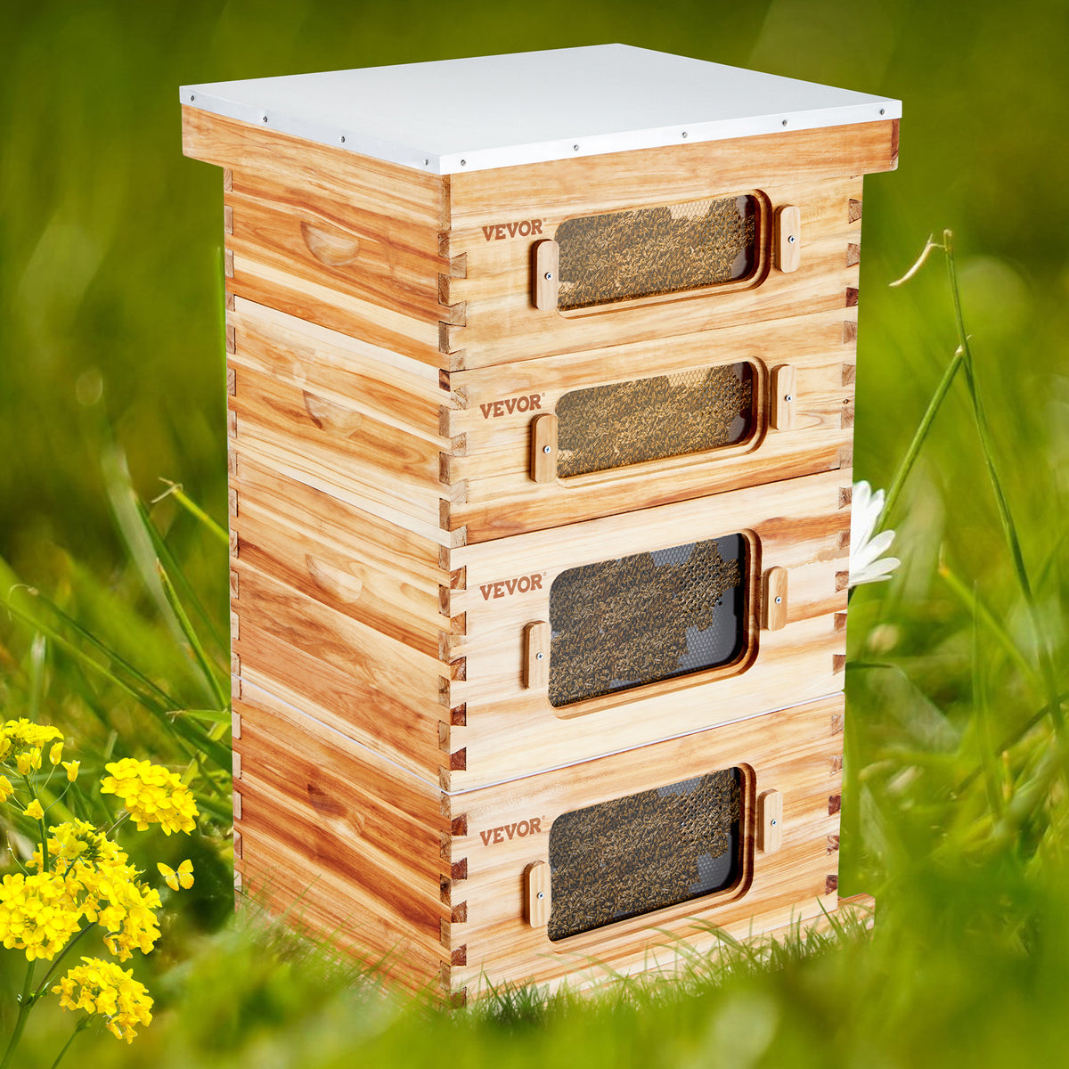 VEVOR Bee Hive 30 Frame / 40 Frame Bee Hives Starter Kit, Beeswax Coated Fir Wood, 2 Deep + 1 Medium / 2 Deep + 2 Medium Bee Boxes Langstroth Beehive Kit, Transparent Acrylic Windows with Foundations for Beginners Pro Beekeepers