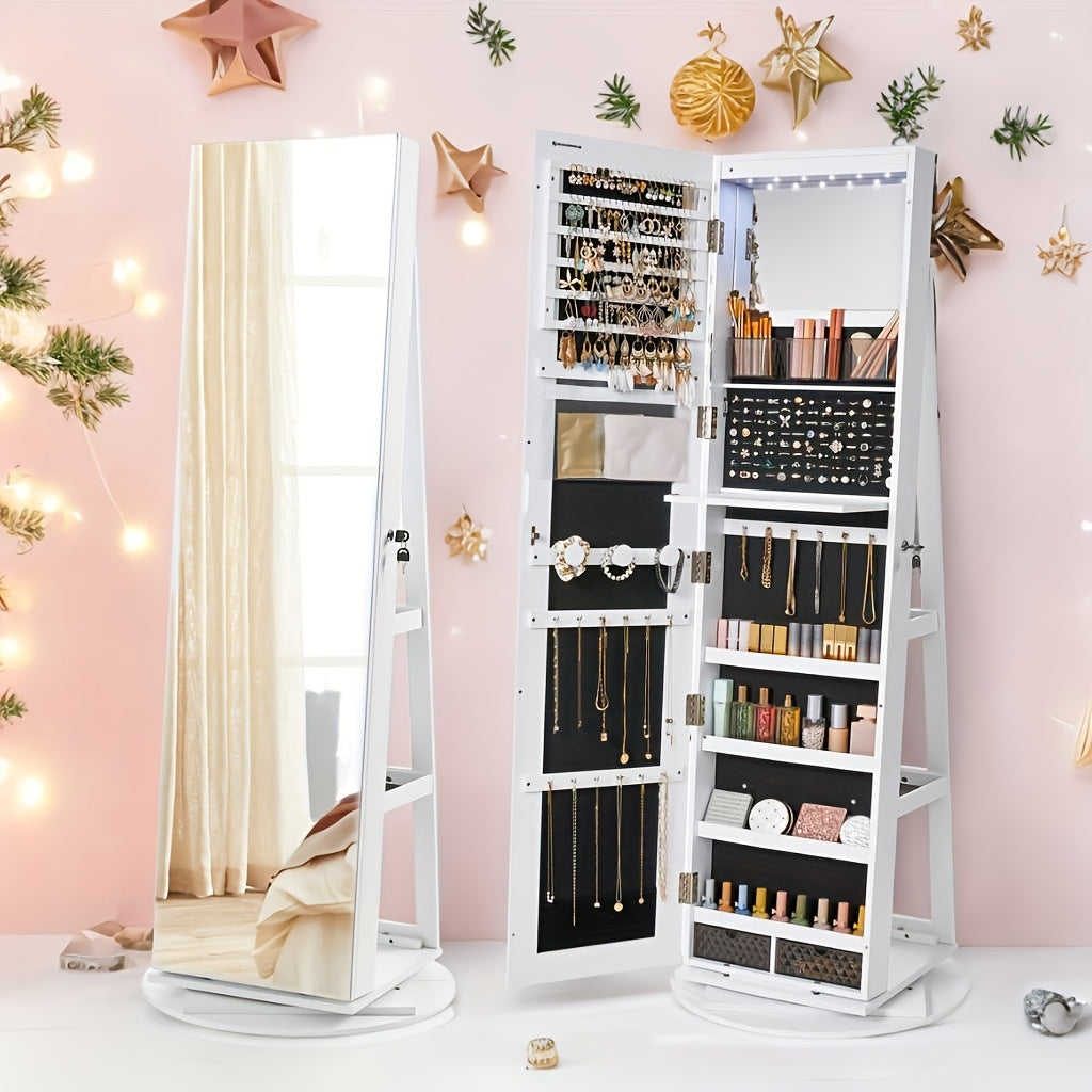 6 LEDs Lockable Mirror Jewelry Cabinet, 360° Swivel Jewelry Organizer Armoire Standing, Frameless Full-Length Mirror, 3 Storage Shelves, Christmas Gifts, Jewelry Armoires
