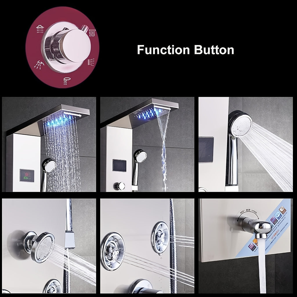 6-Function Modern Shower Panel Tower System with Rainfall Waterfall Shower Head, Handheld Shower & Massage Jets - Brushed Nickel Wall-Mounted Bathtub Faucet Suitable for Bath/Shower, Full Body System with Clarity Basin and Spout